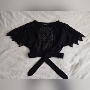 Anthropologie NWT Black Lace Tie Back Crop Top Cap Sleeve Blouse